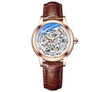 RORIOS Orologio Uomo Impermeabile Automatico Meccanico Orologio Cinturino in Pelle Tourbillon Orologio da Donna Moda Orologio per Donna(Marrone)