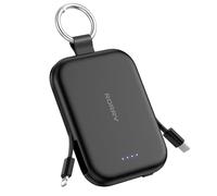 RORRY CharmGo - Batteria esterna portatile da 5000 mAh, con cavi integrati e portachiavi, per iPhone 17/16/15, AirPods 2/3/4/Pro, colore: nero