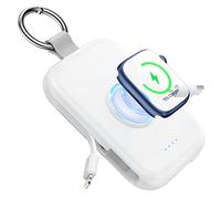 RORRY Power Bank, batteria esterna da 5000 mAh con cavo integrato, per iPhone 17/16/15/14/13/12, Apple Watch Ultra/11/10/9/8/7/6/SE, bianco