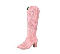 Rosa,36,Stivali da Donna con Punta Quadrata in Pelle Scamosciata Vintage, Alti Fino al Ginocchio Stile Cowgirl Fodera in Pelliccia Cerniera Laterale Tacco a Blocco Stivali Western