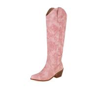 Rosa,44,Stivali da Cowboy Western da Donna, Stivali Alti al Ginocchio Punta a Punta e Polpaccio Largo Ricamato, Stivali Alti Eleganti con Tacco a Blocco Spesso infilare per Donna