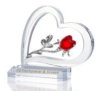 Rosa a forma di cuore in cristallo regalo per le donne, incisa I Love You Forever & Always, ornamento floreale in vetro rubino con stelo in metallo da collezione statuetta per la casa e la