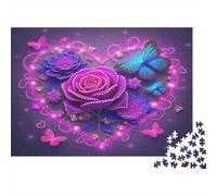 Rosa - Carta - Rose viola nella cornice a cuore con farfalla - Set puzzle - Regalo Secret Santa stimolante per la mente - 52x38cm/1000 pezzi