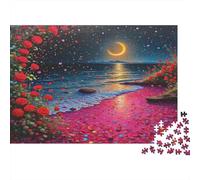 Rosa - Carta - Sentiero di rose rosse verso la spiaggia sotto la luna crescente - Set puzzle - Divertente regalo per calza in famiglia - 70x50cm/1000 pezzi