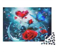 Rosa - Cartone rigido - Rose rosse con cuore e farfalla blu nel vetro - Puzzle classico - Adatto ai principianti - Stimolante per la mente - 38x26cm/1000 pezzi