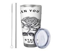 Rosa con coperchio bicchiere Set di 1 estetica dipinta a mano Bella pianta floreale parola moderna nero bianco isolato metallo lattina raffreddamento No Spill scuola college vivaio senza stelo doppia