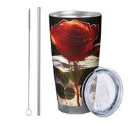 Rosa con coperchio e cannuccia bicchiere 3D Bellissimo fiore ghiaccio artistico disegni estetici natura primavera rosso blu isolato metallo lattina raffreddamento No Spill scuola college vivaio senza