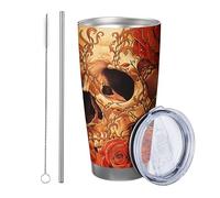 Rosa con coperchio e cannuccia bicchiere Estetico Retrò Bellissimo Teschio Botanico Floreale Foglie Drago arancione rosso Isolato Metallo Can Cooler No Spill Scuola College asilo nido Senza stelo
