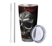 Rosa con coperchio e cannuccia bicchiere gotico cranio cranio libro romantico atmosfera artistica foglie di fiore rosso nero isolato lattina refrigeratore infrangibile auto piscina viaggi ufficio