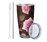 Rosa con coperchio e cannuccia Bicchiere Retro Botanico Pianta Foglie Fiore Bella fattoria Rosa Verde Isolato Can Cooler Infrangibile Auto Piscina Viaggi Ufficio Camera Doppia Parete Senza Stelo 567 g
