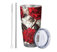 Rosa con coperchio e cannuccia Tumbler Boemia Botanico Artistico Astratto Fiore Belle Foglie rosso Bianco Metallo Inossidabile Caldo e Freddo No Spill Ufficio Outdoor Club Dormitorio Caffè Tazza da