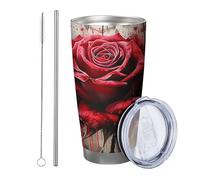 Rosa con coperchio e cannuccia Tumbler Vernice Spray Pretty Flower Farmhouse Retro Estetica Pianta rossa Marrone Acciaio Metallo Caldo e Freddo No Spill Ufficio Outdoor Club Dormitorio Tazza Caffè