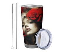 Rosa con coperchio e cannuccia Tumbler Vintage Acquerello Bella Ragazza Foglie Spray Artistico rosso Giallo Isolato Metallo Can Cooler No Spill Scuola College Nursery Senza stelo Doppia Parete 590 ml