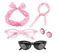 (Rosa) Confezione da 5 accessori Rockabilly anni '50 con fascia a pois, orecchini e sciarpa