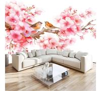 Rosa Crema Muralo - Romantico Uccello Floreale Fiore Di Ciliegio Carta da parati 3D per cameretta dei bambini in tessuto non tessuto, per ragazze e ragazzi decorazione da parete 350 x 256 cm