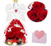 Rosa Eterna, Rosa Eterna In Vetro Con Figura Di Angelo Con Luce Led E Perline Red