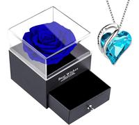 Rosa Eterna Stabilizzata Blu Con Collana Cuore Cristallo Acquamarina, Rosa Conse