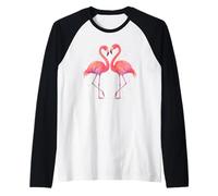 Rosa Fenicottero Uccello Coppia Amore Cuore Acquerello Opera d'Arte Maglia con Maniche Raglan