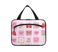 Rosa Fragola Fiore Check Modello Appeso Grande Hanging Viaggio Toiletry Bag con gancio, Designer Portatile Cura Della Pelle Borsa per i Viaggiatori Vacanza bolso para maquillaje, Motivo a quadri rosa