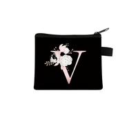 Rosa Lettera Fiore Stampa Borsa Carino Portatile Cerniera Chiave Sacchetto di Immagazzinaggio Piccola Tela Fresco Con Cerniera Bambini Moneta Borsa Frizione, V, Taglia unica