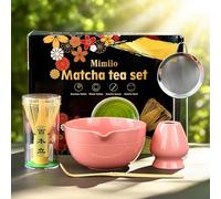 Rosa Matcha Frusta Kit, 5 Pezzi Macha Tea Kit, Matcha Whisk Set con pink matcha ciotola con beccuccio, frustino bambù(chasen), supporto, setaccio, cucchiaio, Giapponese Tradizionale Matcha Polvere Kit