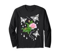 Rosa Rosa con Farfalle e Gocce di Rugiada su Forme Nere Mania Maglia a Manica