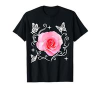 Rosa Rosa con Farfalle e Stelle su Forme Nere Mania Maglietta