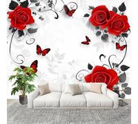 Rosa Rossa e Farfalla Carta da Parati Fotografica Panorama Effetto 350x256 cm Bianco Decorazione per la Casa per Pareti per Camera Da Letto Sala Fotomurali In Tessuto Non Tessuto