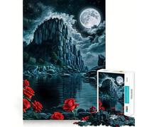 Rosa rossa nella scogliera notturna Puzzle per adolescenti 1000 pezzi Gioco per allenare la mente Rilassamento mentale Arte da assemblare (38x26cm)