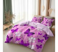 Rosa Set Copripiumino 3 Pezzi Piante Fiori Motivi Farfalla 150 x 220 cm, Biancheria da Letto Reversibile in Morbida Microfibra con 2 Federe 50 x 80 cm, Facile da Pulire con Chiusura a Cerniera