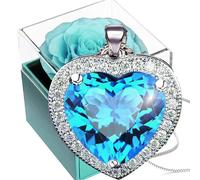Rosa Stabilizzata Blu con Collana,Rosa Eterna Vera con Donna Cristallo Cuore Pietre Nascita Gioielli,Scatola Rose Ciondolo con Pietra Preziosa，Scatole Regalo Romantiche per Natale Mamma Azzurr