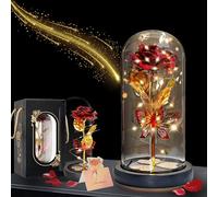 Rosa Stabilizzata Vera,Regalo San Valentino Per Lei Rosa Eterna Con Copertura In Vetro Removibile,Fiori Rosa La Bella e La Bestia Con Luci,Idee Regalo Per Anniversario Compleanno Donna Amica Mamma
