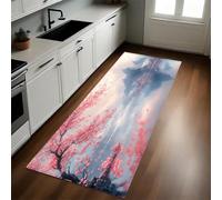 Rosa Tappeto Cucina 50x180 cm Montagne e fiori di pesco Lavabile Multiuso Resistente Passatoia Cucina Antimacchia Sotto Lavandino Fornelli