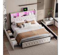 ROSAHQNDA Struttura letto moderna imbottita con cassetti, testiera libreria a LED con porte USB, 140/160/180 cm, senza materasso