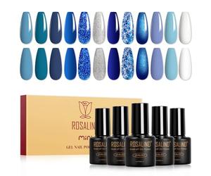 ROSALIND Smalti Semipermanenti per Unghie Blu, 12 Colori Blu Lago Blu Navy Smalto Semipermanente Glitter Blu Scuro, Soak Off UV/LED Smalto Gel Unghie DIY Nail Art Manicure Regalo
