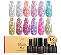 ROSALIND Smalti Semipermanenti per Unghie Glitterato, 12 Colori Argento Rosa Blu Oro Viola Glitter Smalto Semipermanente, Soak Off Mini UV/LED Glitterato Smalti per Unghie Nail Art Manicure