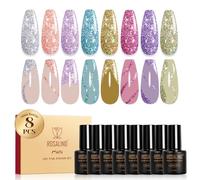 ROSALIND Smalto Semipermanente Glitter, 8 Colori Rosa Blu Argento Oro Viola Glitterato Smalti Semipermanenti per Unghie, Soak Off Mini UV/LED Brillantini Smalto Gel Unghie Nail Art Manicure