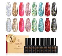 ROSALIND Smalto Semipermanente Glitterato, 8 Colori Glitter Argento Oro Rosa Verde Blu Rosso Nero Smalti Semipermanenti per Unghie, Soak Off Mini UV/LED Brillantini Smalto Gel Unghie Manicure