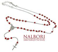rosario argento 925 collana Y croce madonna cristallo rosso 50+5 girocollo grani