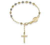Rosario Bracciale A Sfere 4Mm Con Croce E Amuleto 585 Oro Bicolore 19Cm
