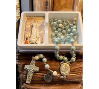 Rosario commemorativo per il centenario della Madonna di Fatima, perline di vetro artigianali portoghesi, blu e bianco, 8 mm, in scatola