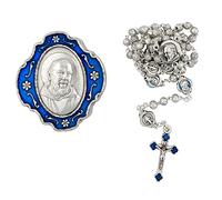 Rosario con custodia in metallo Padre Pio | Argento Floreale Ave Maria Perline con Padre Pio Blu | Grande regalo cattolico | Santo patrono dei lavoratori della protezione civile e degli adolescenti,
