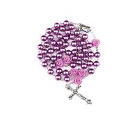 Rosario con perle da donna, rosario cattolico per la prima comunione, regalo per uomini e donne, con medaglia di rosa di Lourdes e crocifisso con crocifisso, lega, perle artificiali, Nessuna pietra