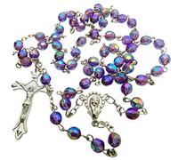 Rosario con perline in acrilico viola per la prima comunione con centrotavola Mary in metallo e crocifisso con sacchetto con coulisse e biglietto di preghiera sacra