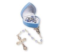 Rosario in vetro rosa o blu in una scatola coordinata a forma di cuore con scritta "How to Prayer The Rosary Card" (blu)