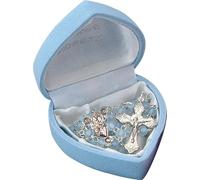 Rosario in vetro rosa o blu in una scatola coordinata a forma di cuore con scritta "How to Prayer The Rosary Card" (blu rotondo)