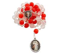 Rosario profumato alla rosa | Perline di Ave Maria a forma di rosa rossa e bianca | Medaglia immagine della Divina Misericordia | Grande regalo cattolico per la Prima Comunione o Cresima | Coroncina di preghiera devozionale, Plastica, Senza pietra