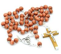 Rosario Religioso Vergine di Fatima, 59 perline di legno. Croce in legno 5 cm e borsa stampata, convertibile in collana tramite moschettoni. Rosario Legno marrone VF