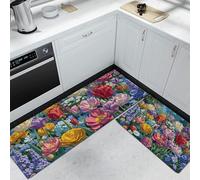 Rosato-viola Set Di 2 Tappetini Da Cucina Antiscivolo, Tulipani papaveri margherite Lavabili Tappeti Runner, Giardino inglese Tappetini Per Cucina Casa Scrivania In Piedi 40x60cm+40x120cm