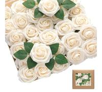 Rose Artificiali, 25pcs Rose Schiuma con Steli, Fiore di Seta Artificiale Singolo Stelo, Singolo Fiore Gambo Lungo, Adatto per il Bouquet di Nozze fai da Te, Regalo di San Valentino, Bianco Champagne